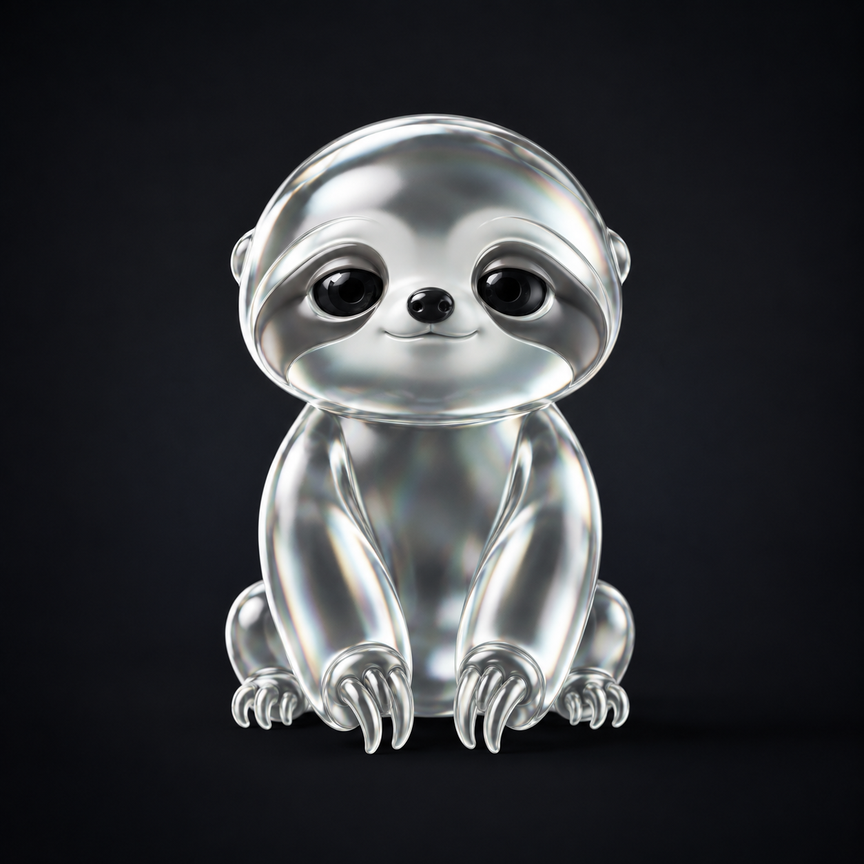Ponsloth, a clear hand-cast glass sloth sculpture, sitting and reaching one claw forward
